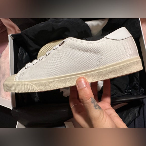 Celine Blank Low Lace Up Sneaker with Toe Cap in Canvas and Calfskin - Off White - Picture 8 of 16